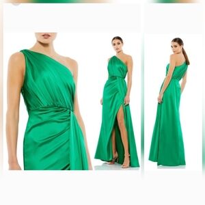 MAC DUGGAL Sz 6 Emerald Green GATHERED ONE SHOULDER SATIN FAUX WRAP GOWN #26654